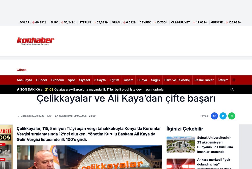 Konya'nın Vergi Rekortmenleri Belli Oldu! Çelikkayalar ve Ali Kaya'dan Çifte Başarı