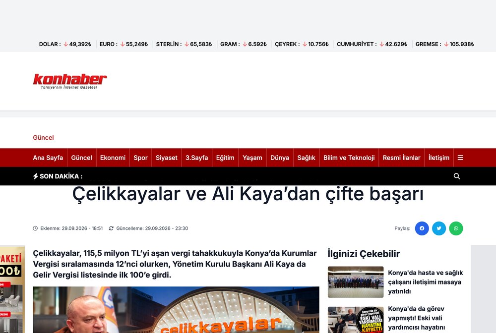 Konya'nın Vergi Rekortmenleri Belli Oldu! Çelikkayalar ve Ali Kaya'dan Çifte Başarı