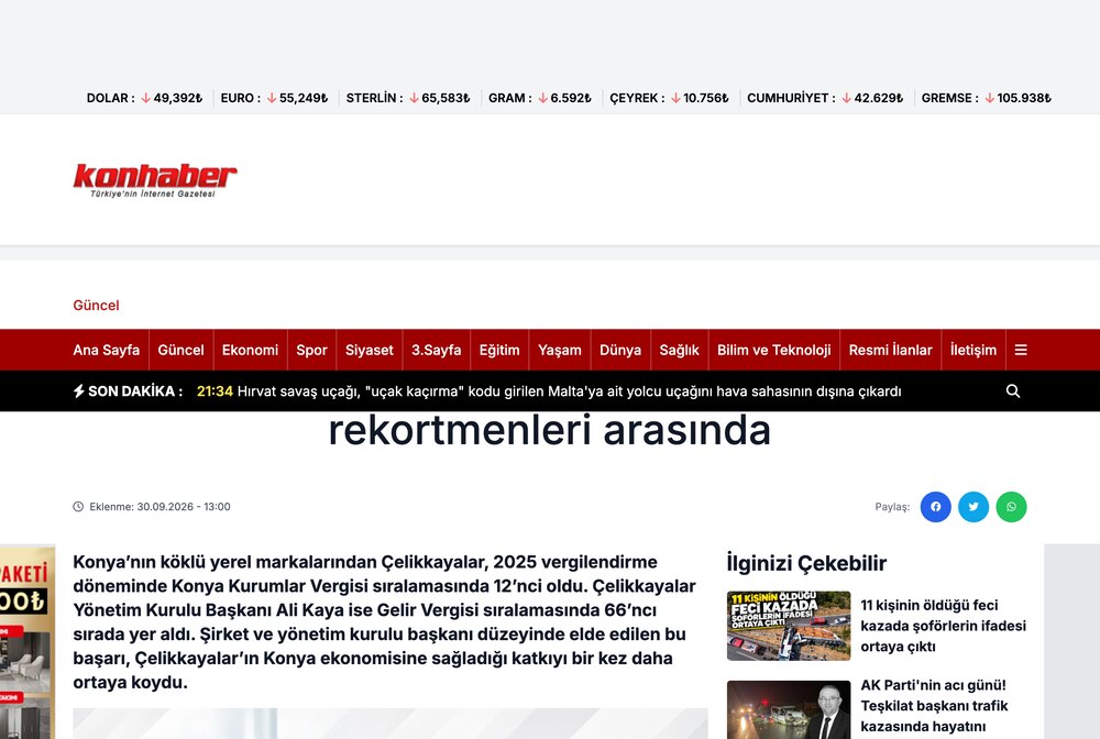 Çelikkayalar ve Ali Kaya Konya'nın Vergi Rekortmenleri Arasında