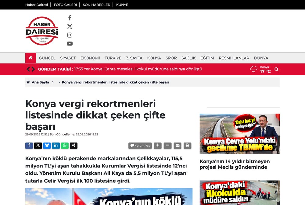 Konya Vergi Rekortmenleri Listesinde Dikkat Çeken Çifte Başarı