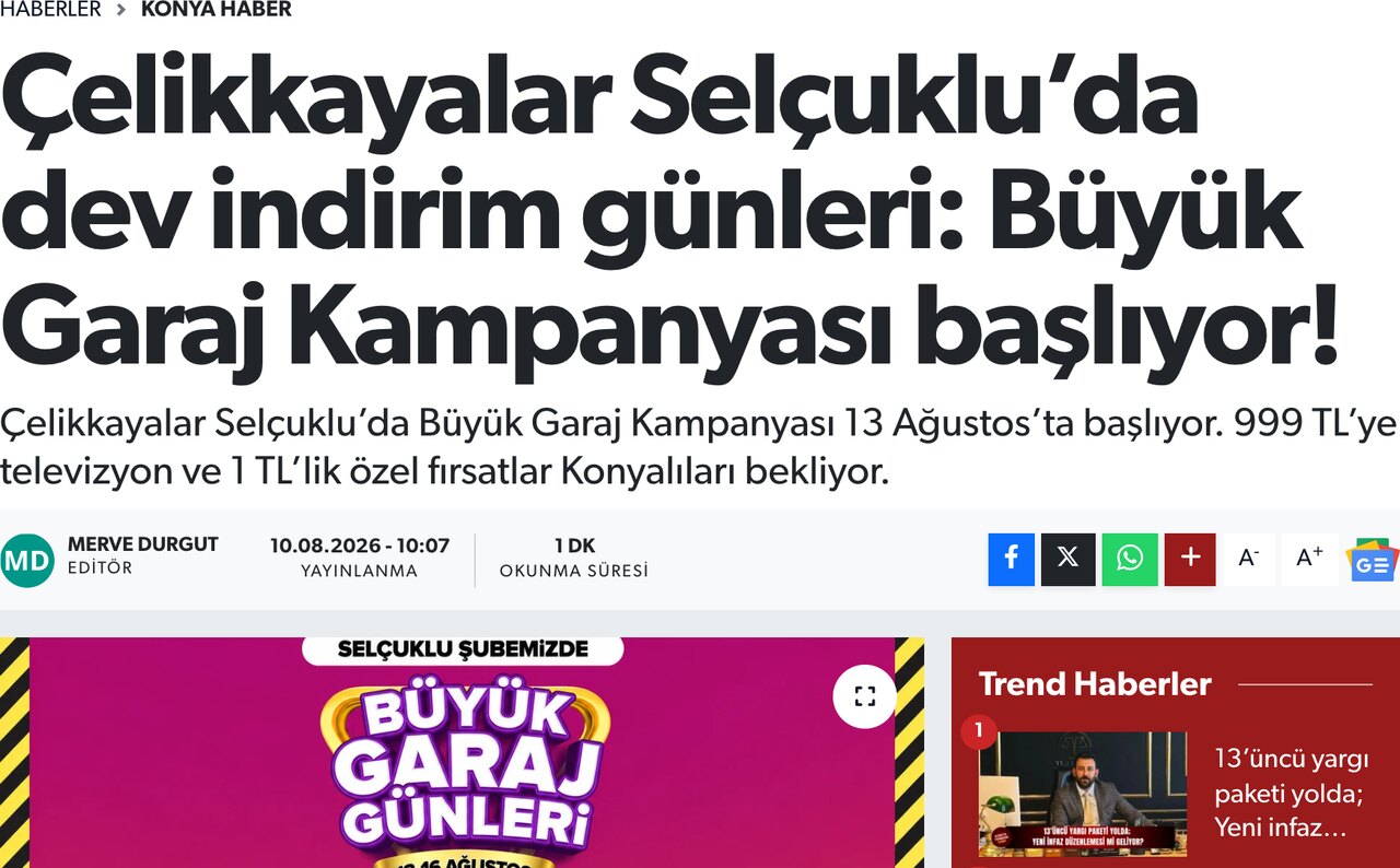 Çelikkayalar Selçuklu'da Dev İndirim Günleri: Büyük Garaj Kampanyası Başlıyor