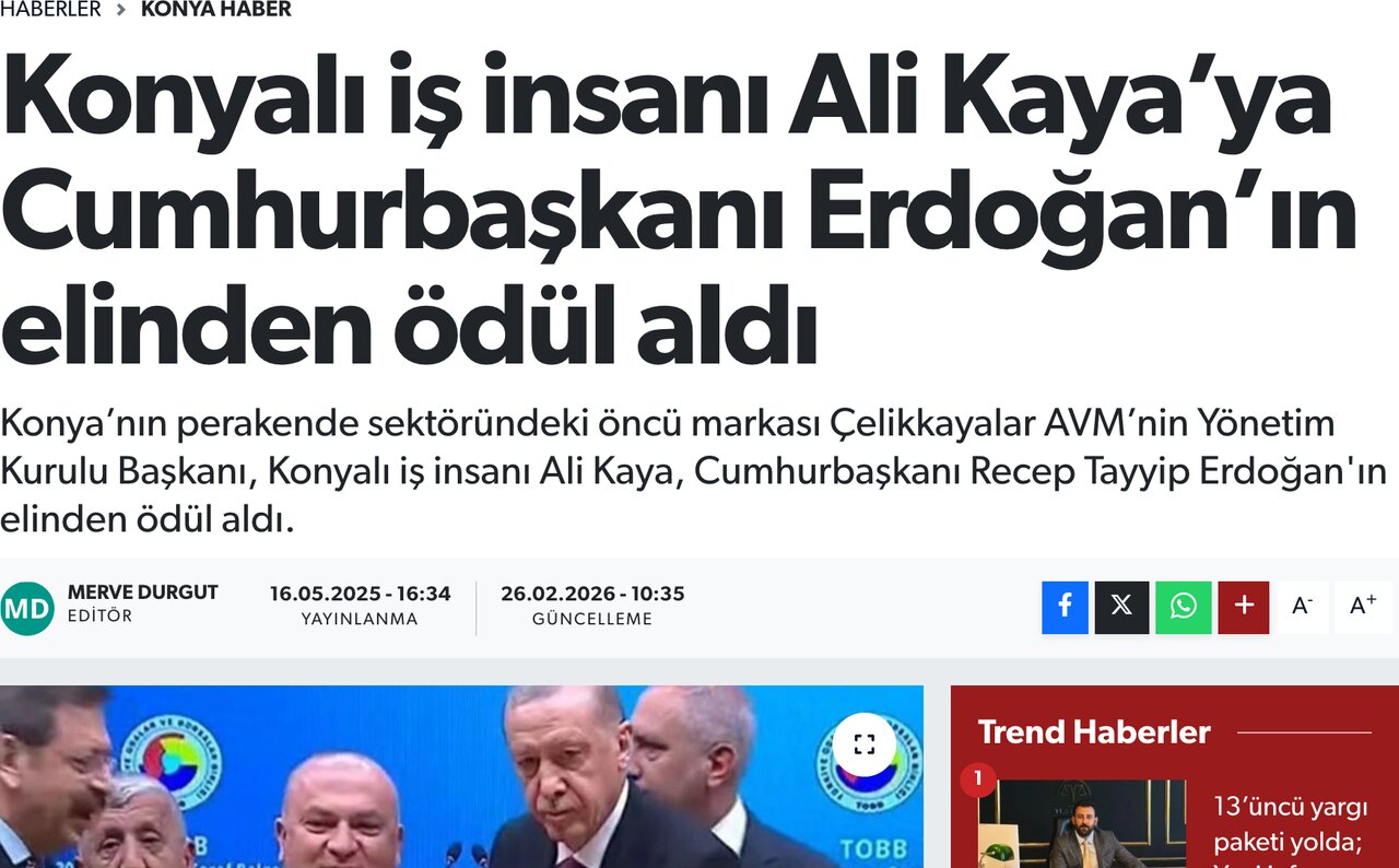 Konyalı İş İnsanı Ali Kaya'ya Cumhurbaşkanı Erdoğan'ın Elinden Ödül