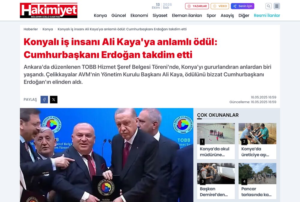 Konyalı İş İnsanı Ali Kaya'ya Anlamlı Ödül: Cumhurbaşkanı Erdoğan Takdim Etti