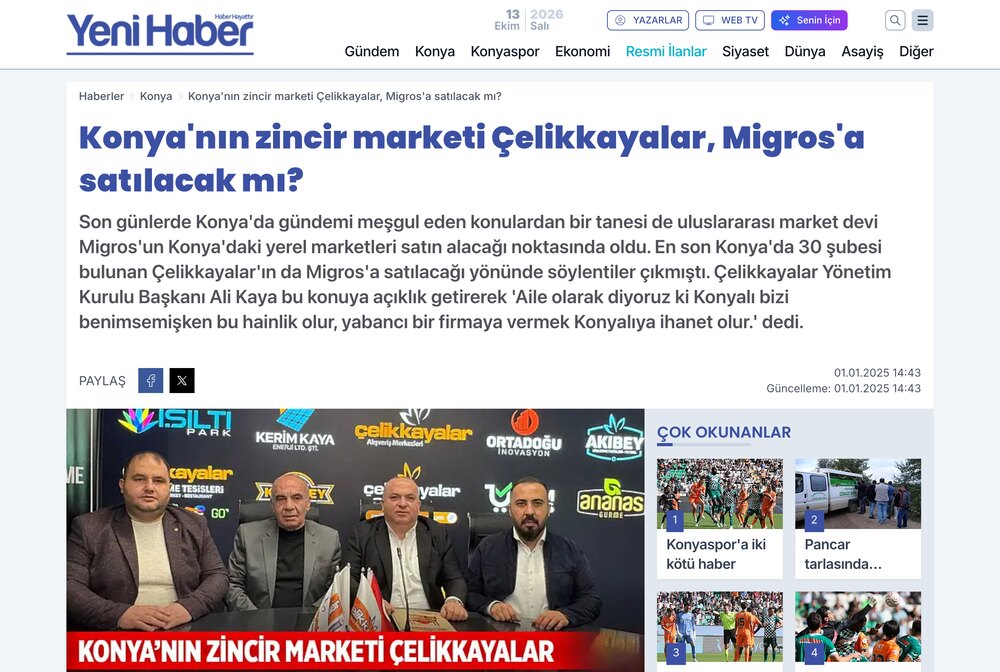 Konya'nın Zincir Marketi Çelikkayalar Basında Gündem Oldu